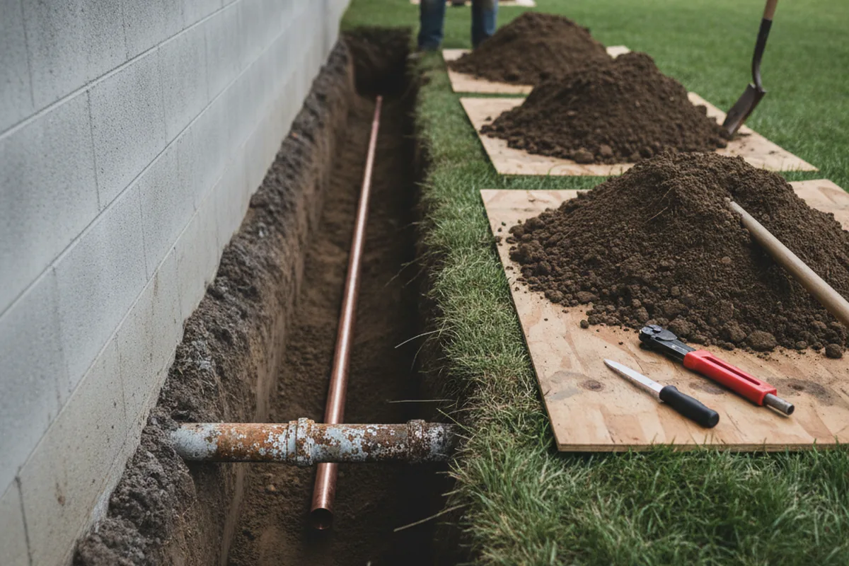 Excavated water line trench during Sewer Line Repair in Blue River
